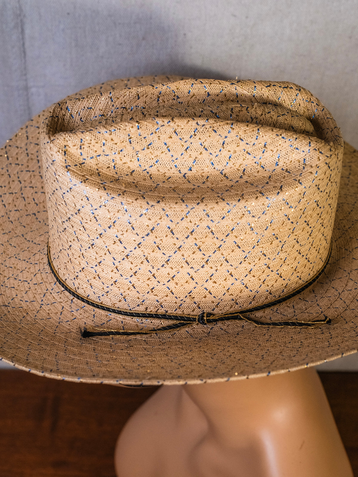 Vintage Rockmount Ranchwear Blue & Gold Metallic Straw Cowboy Hat