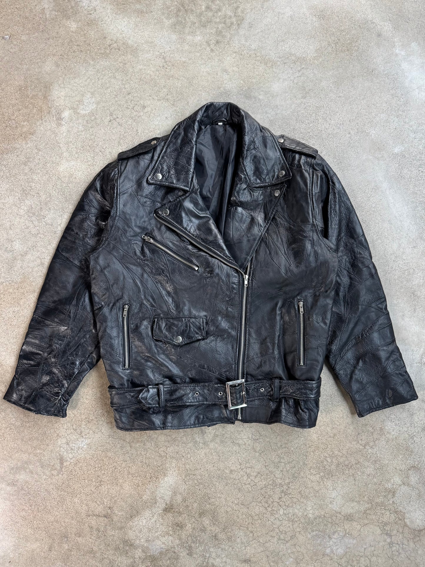 Vintage 1970s Black Leather Patchwork "God Bless America" Biker Jacket | XXL