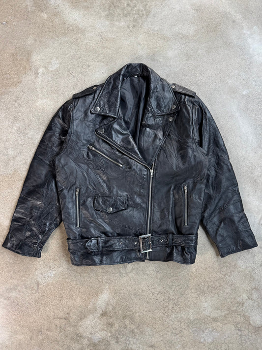 Vintage 1970s Black Leather Patchwork "God Bless America" Biker Jacket | XXL