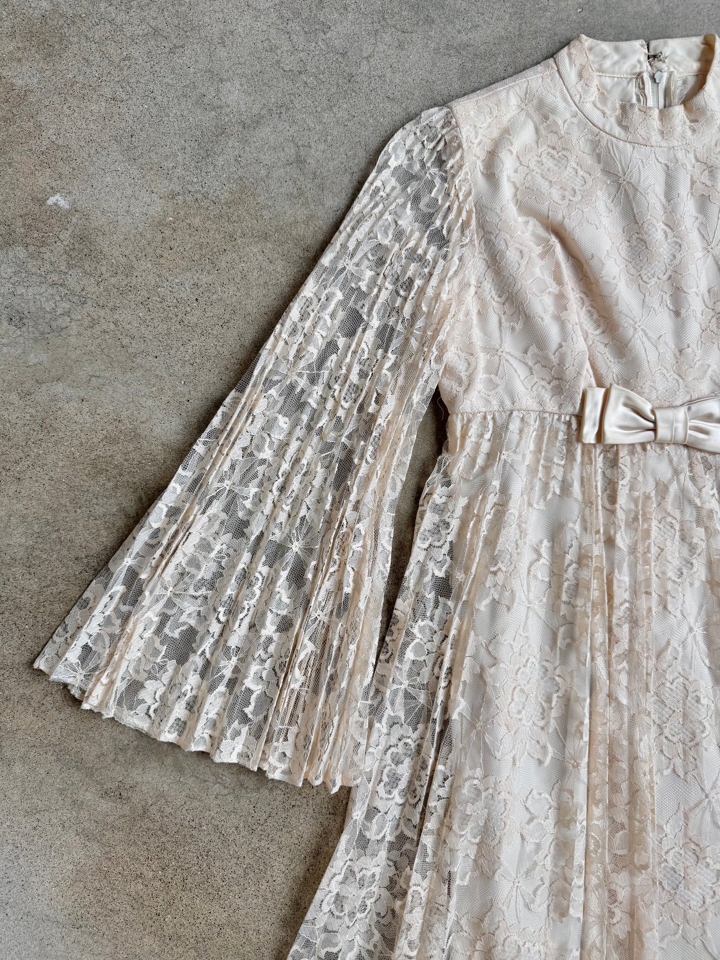 Vintage 1960s Ivory Lace Pleated Bell Sleeve Babydoll Mini Dress | XS