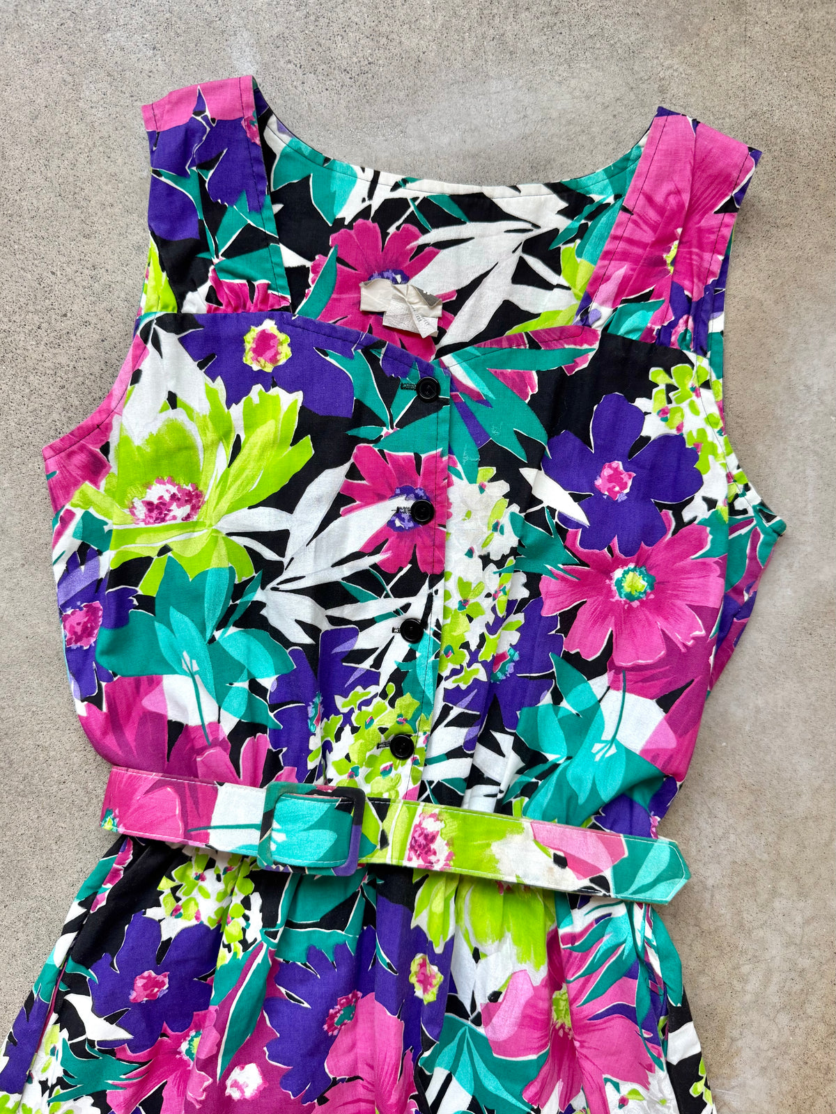 Vintage 1980s Kitty Koyle Bright Floral Belted Sleeveless Cotton Dress | Medium