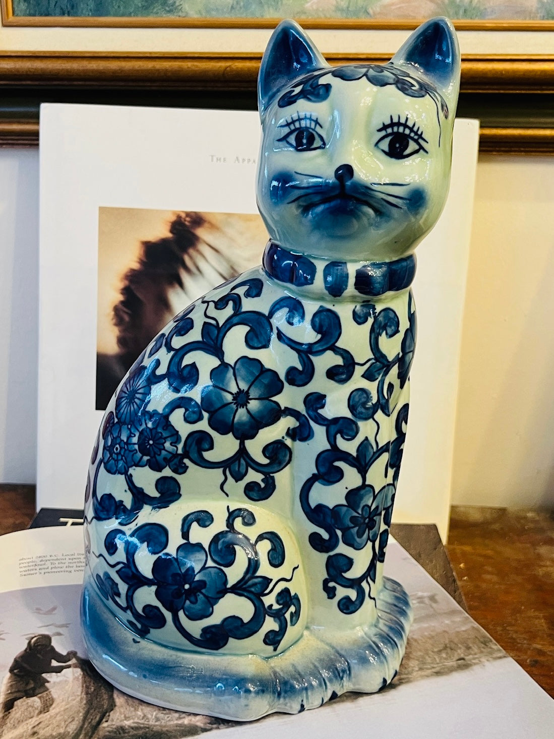 Vintage Blue Ceramic Asian Cat Statue