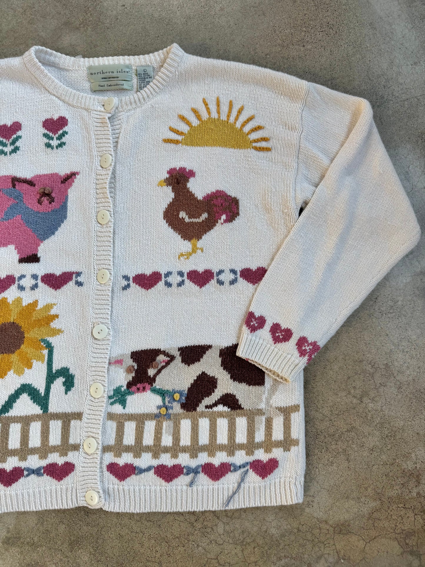 Vintage 1990s Northern Isles Hand-Embroidered Farm Animal Cardigan | Large
