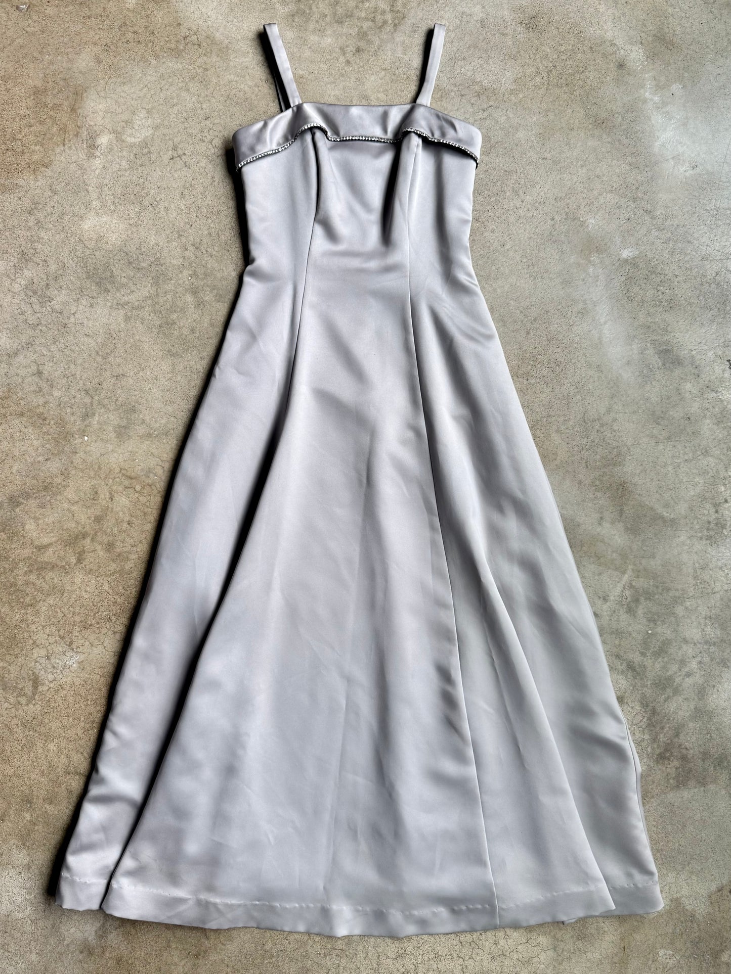 Vintage 1990s Dave & Johnny Silver Rhinestone Trim Formal Dress w/ Scarf | Small