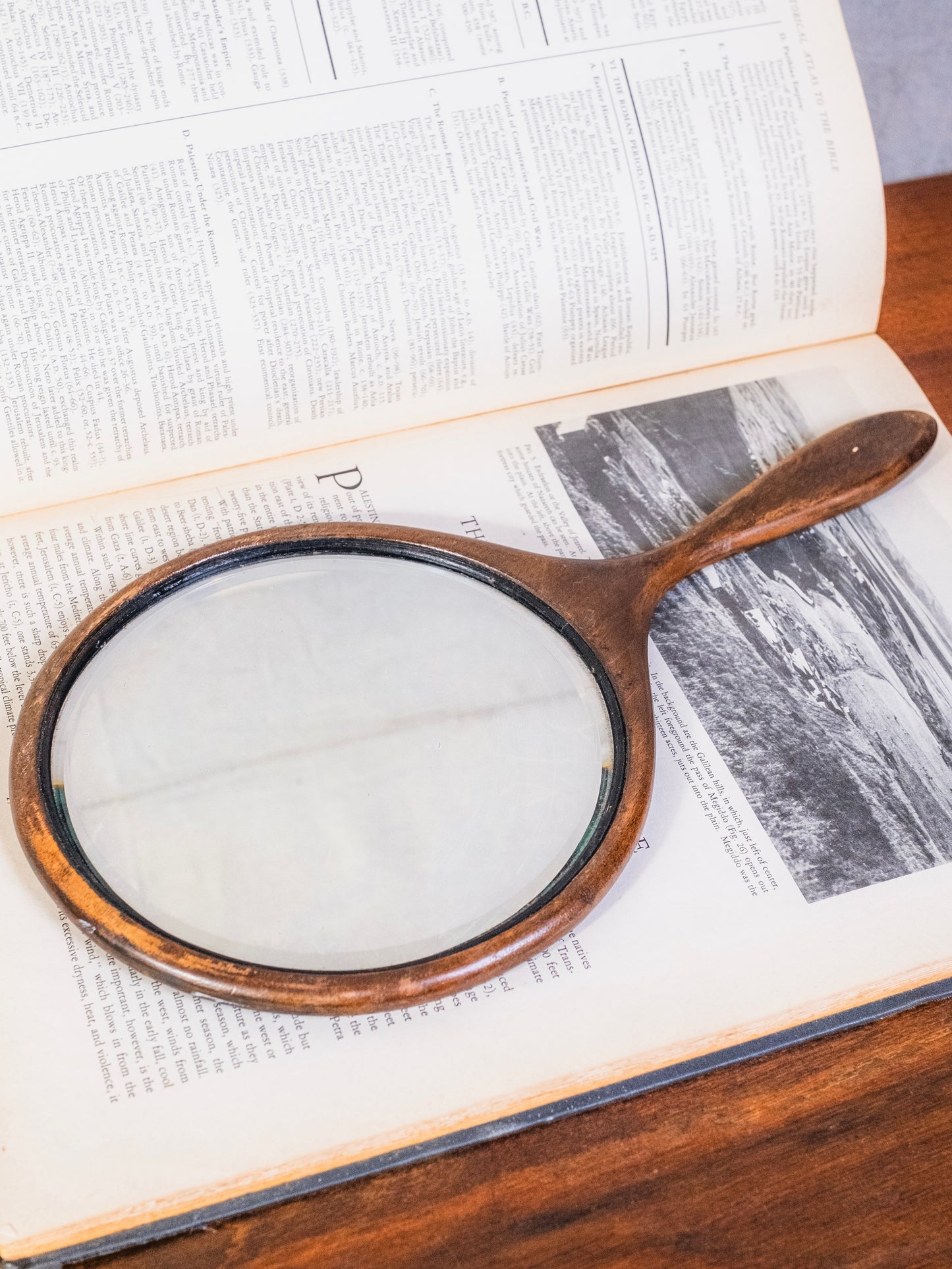 Vintage 1950s Wood Beveled Glass Hand Mirror