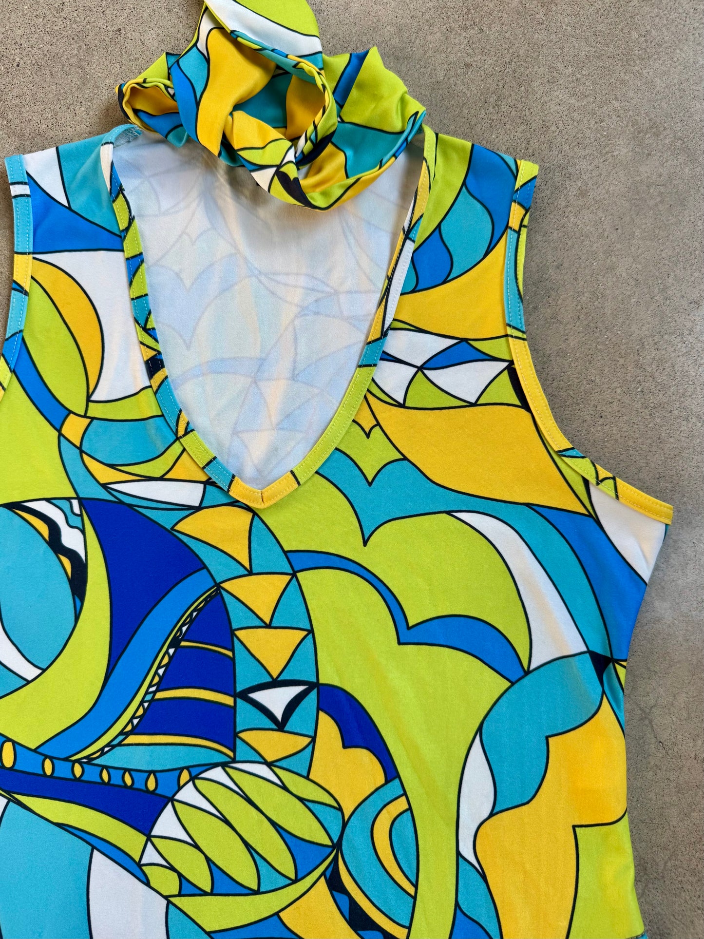 Vintage 1990s B.A.D. Psychedelic Printed Tie Neck Sleeveless Blouse | Large
