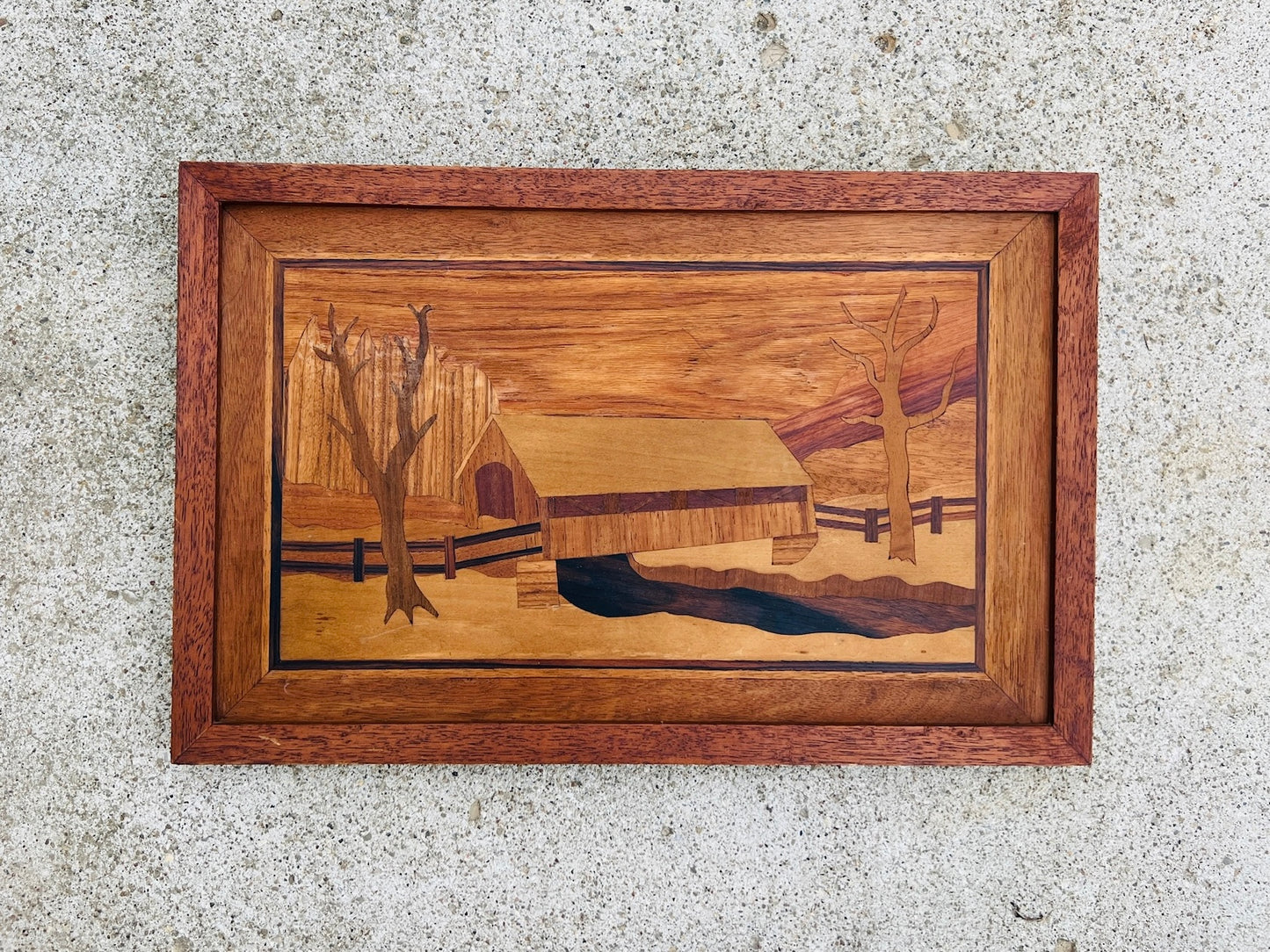 Vintage 1960s Wood Marquetry/Inlaid Winter Scene Artwork