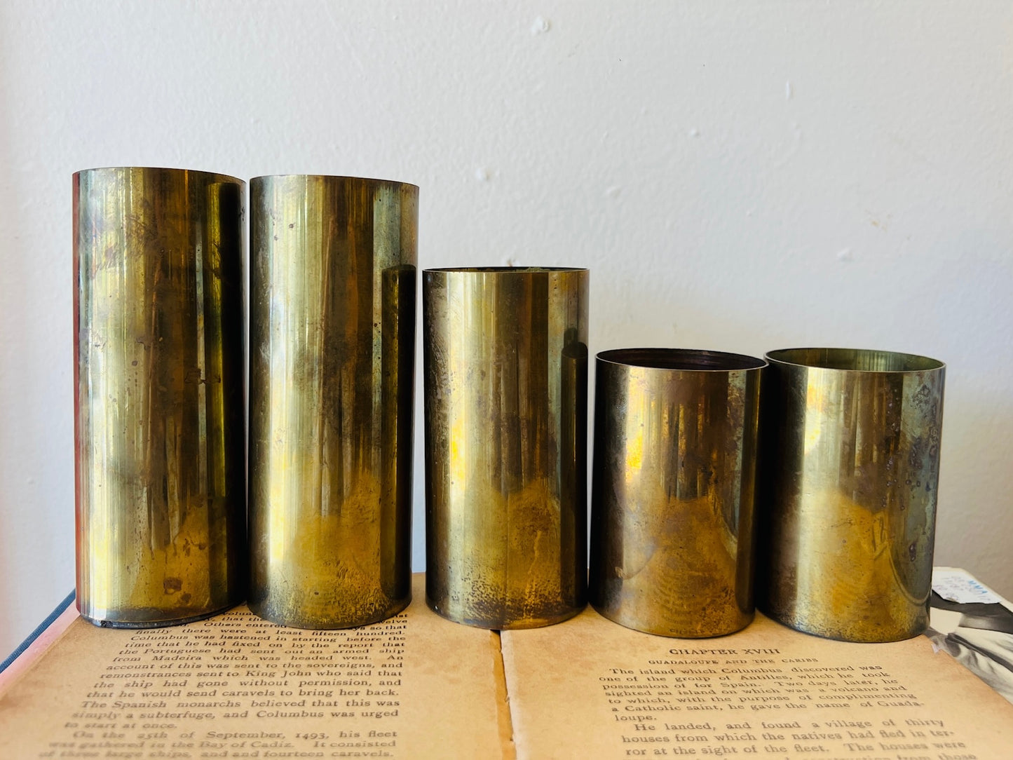 Vintage MCM 1950s Brass Cylinder Candle Holders | Set of 5