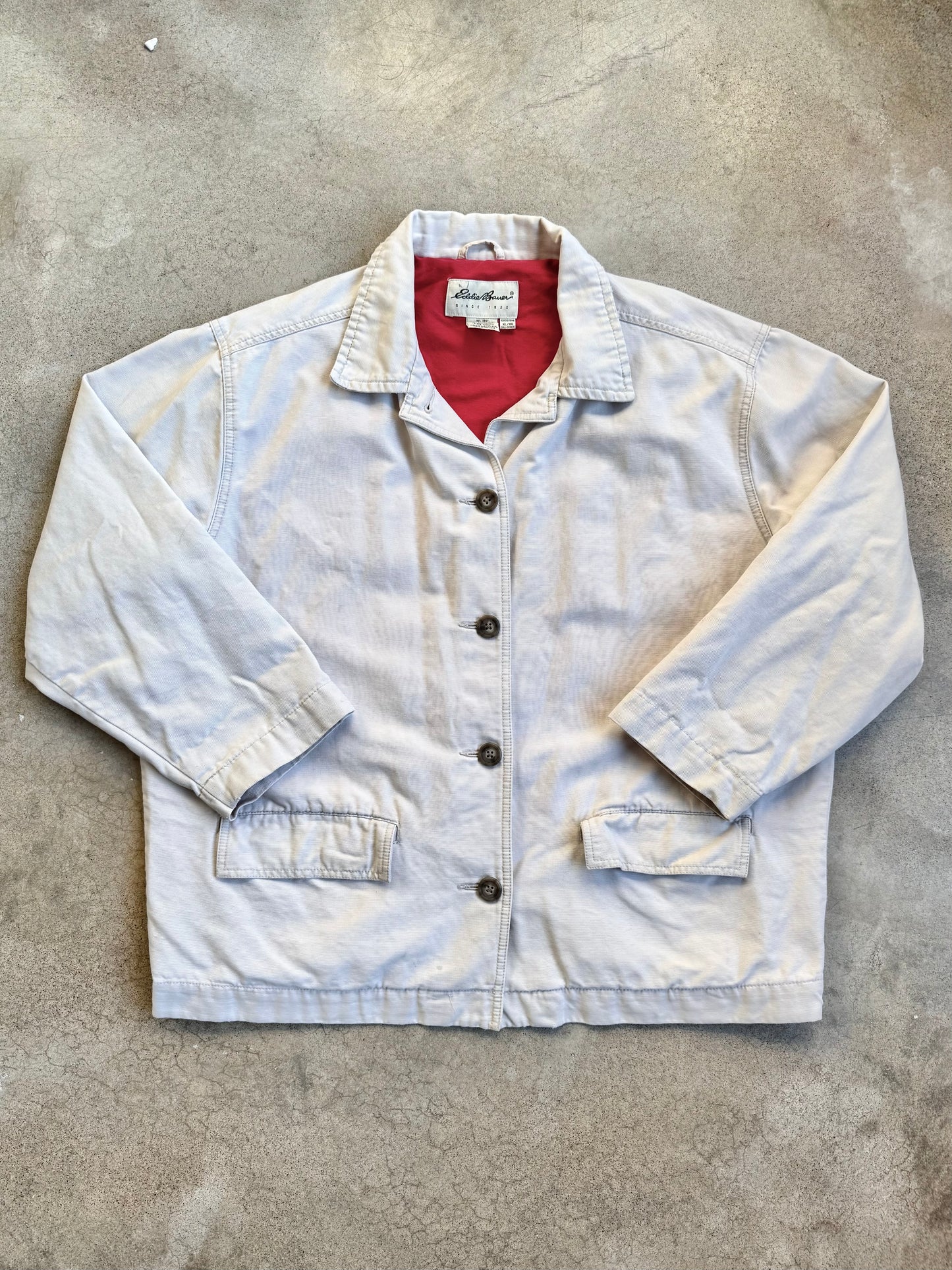 Vintage 1990s Eddie Bauer Beige Canvas Red Lined Chore Jacket | XL