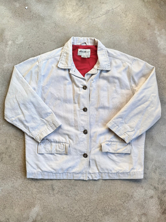 Vintage 1990s Eddie Bauer Beige Canvas Red Lined Chore Jacket | XL