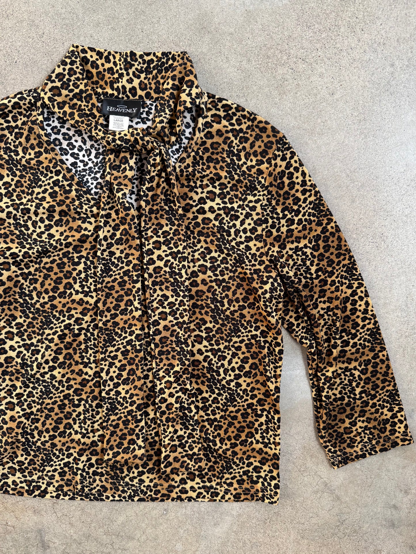 Vintage 1990s Heavenly Leopard Print Tie-Neck Blouse | Large