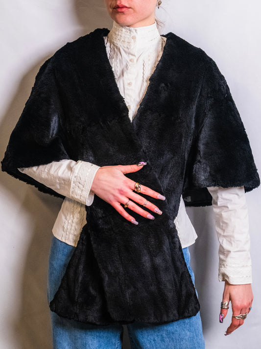 Vintage 1940s Morris Cohen Black Shaved Rabbit Fur Stole
