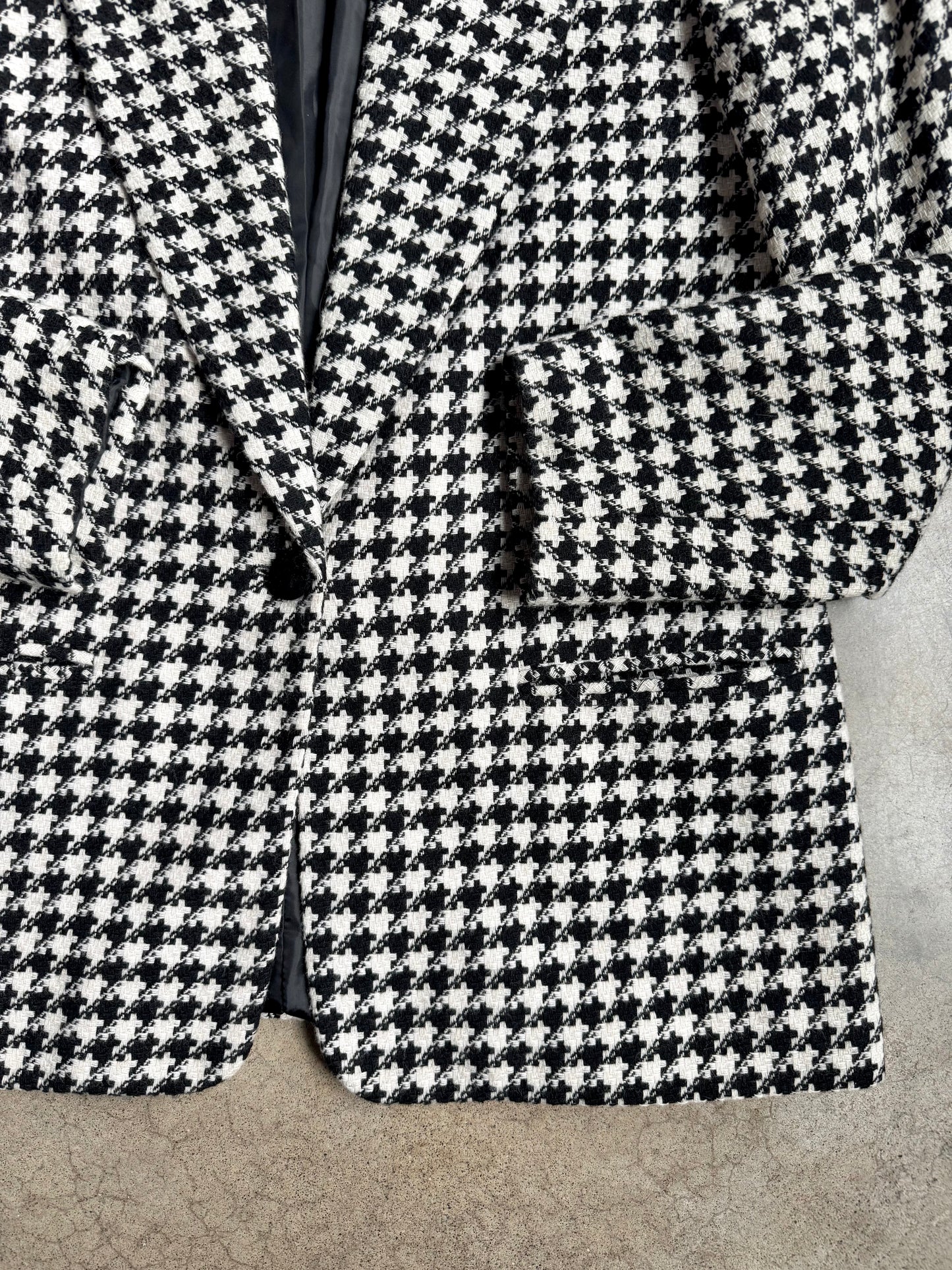 Vintage 1990s Leslie Fay Black Velvet Trim Houndstooth Wool Blazer | M/L