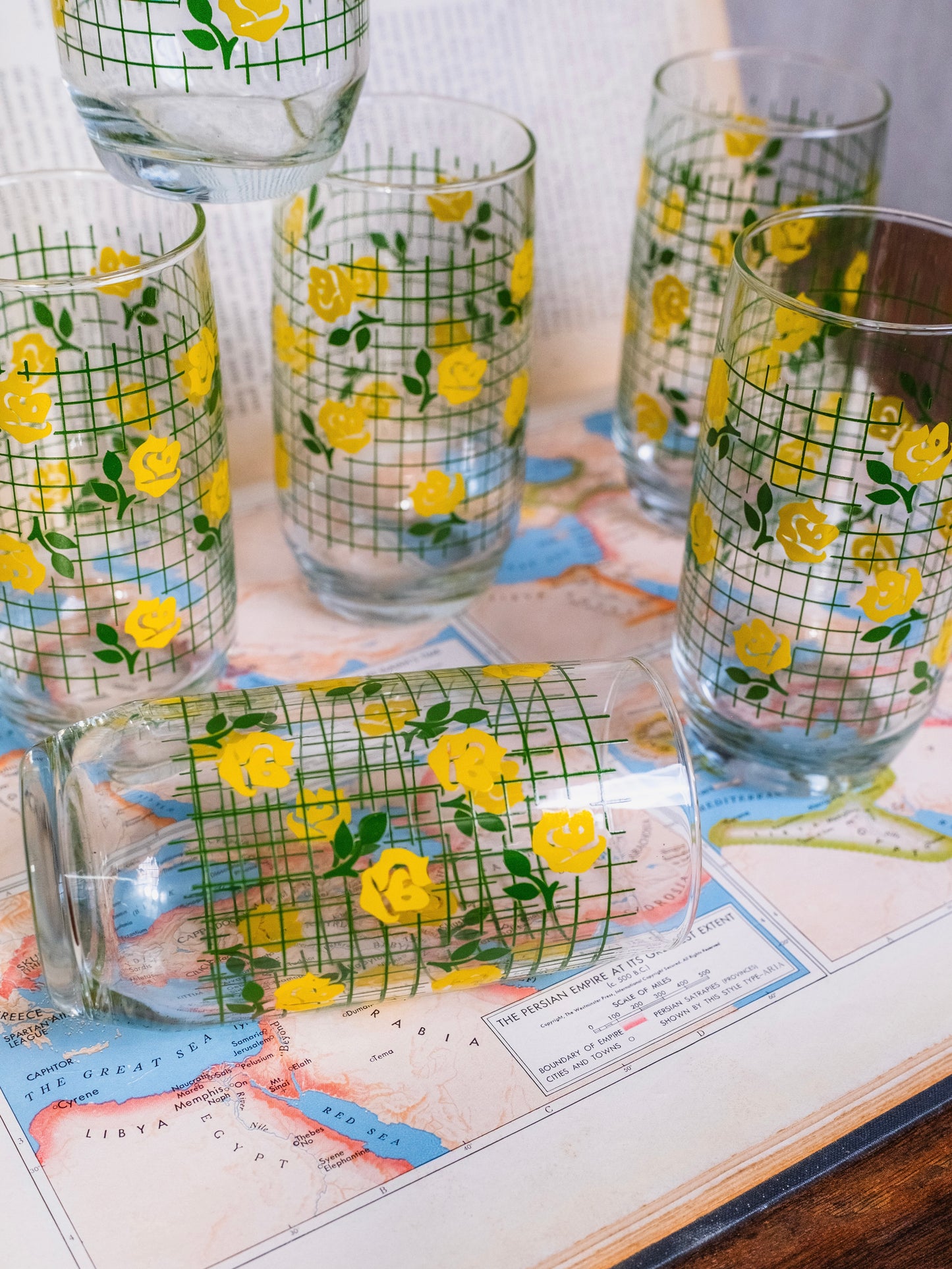 Vintage 1970s Yellow Flowers Tumbler Glasses | Set of 6