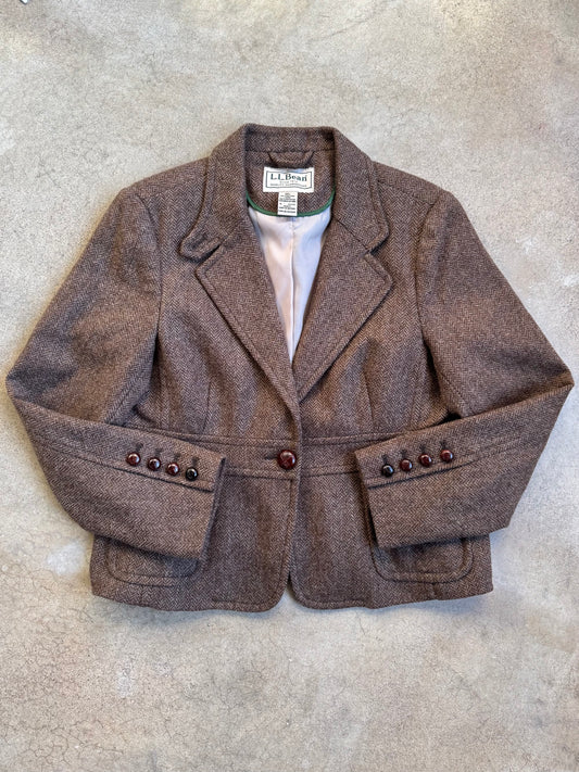 Vintage 1990s L.L. Bean Brown Herringbone Tweed Wool Blazer | M/L