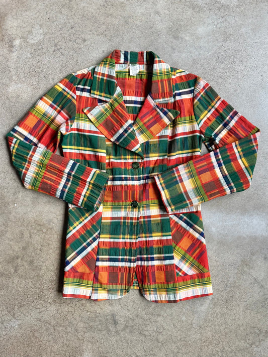 Vintage 1970s Multi Plaid Woven Blazer Jacket | XS/S