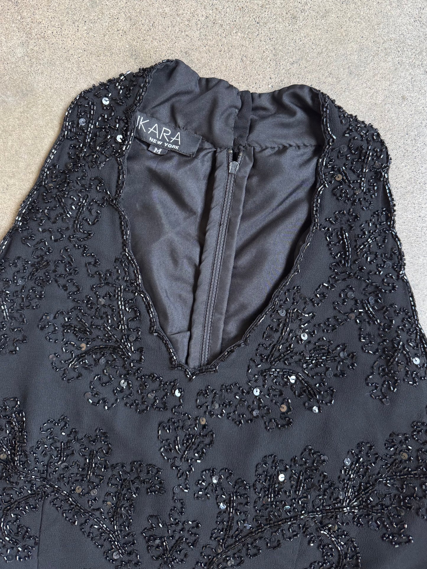 Vintage 1990s J Kara New York Black Beaded V-Neck Scalloped Sleeveless Top | Medium