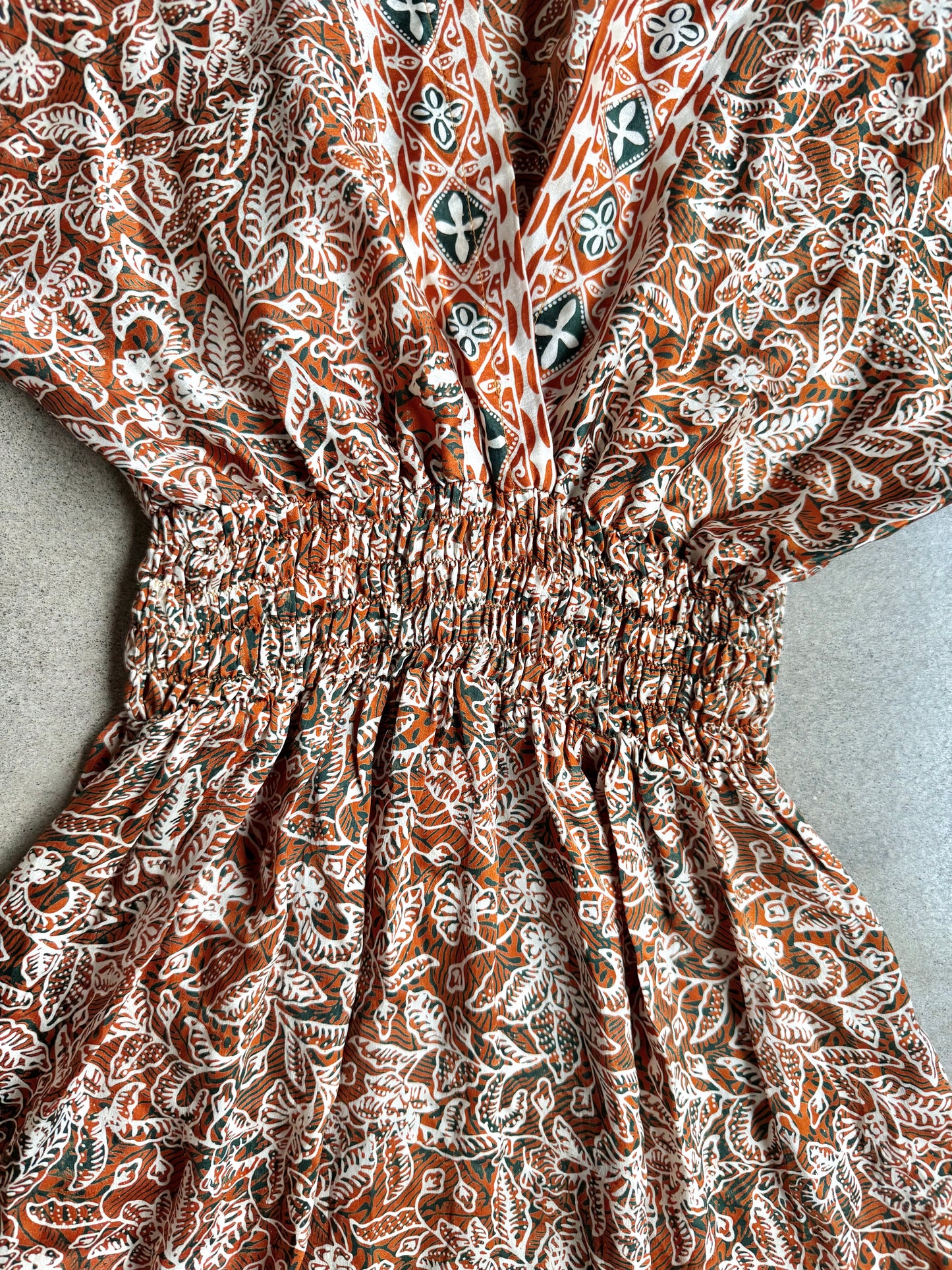 Vintage Burnt Orange Floral Bohemian-Style 100% Silk V-Neck Dress | S/M