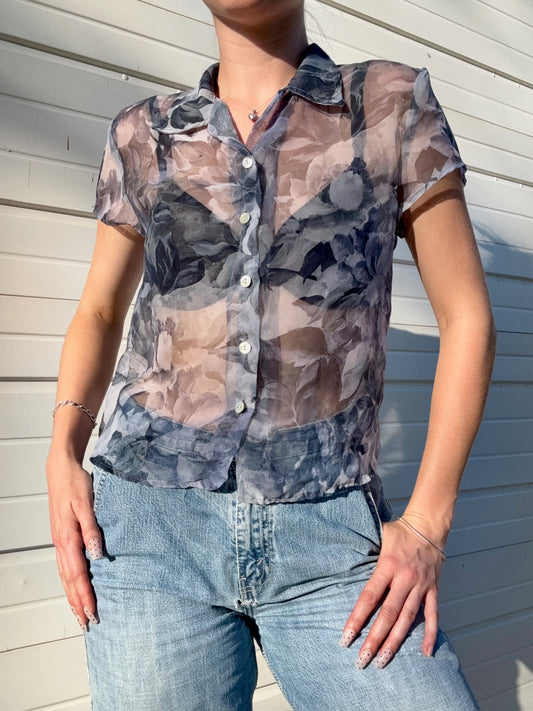 Vintage 1990s Gianfranco Bassi Sheer Floral Blouse | Medium