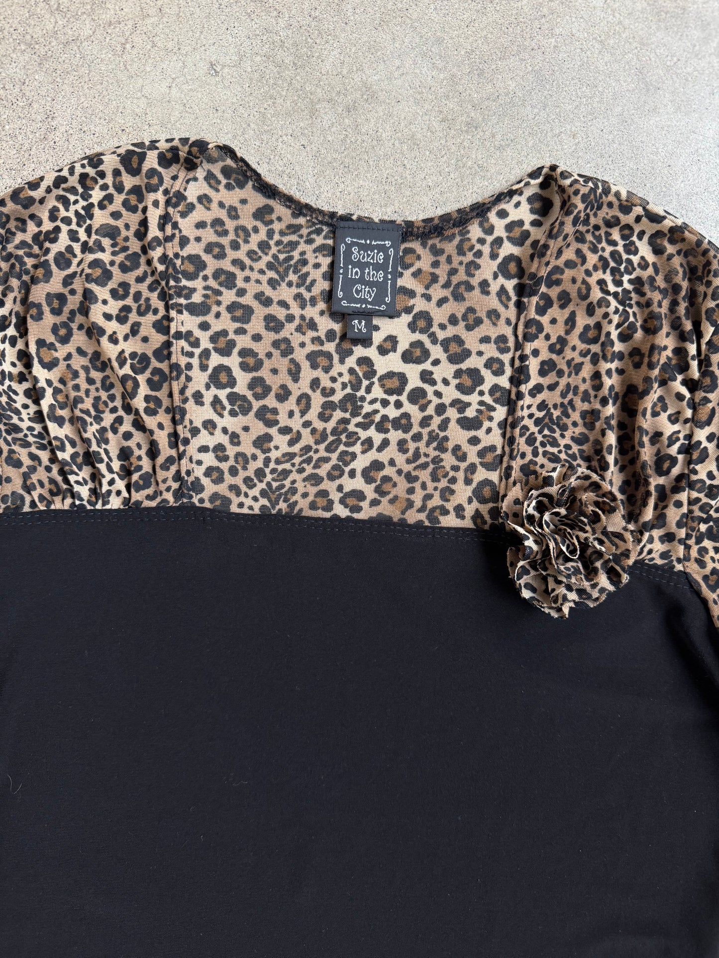 Vintage 1990s Suzie in the City Cheetah Print Mesh Sleeve Blouse | Medium