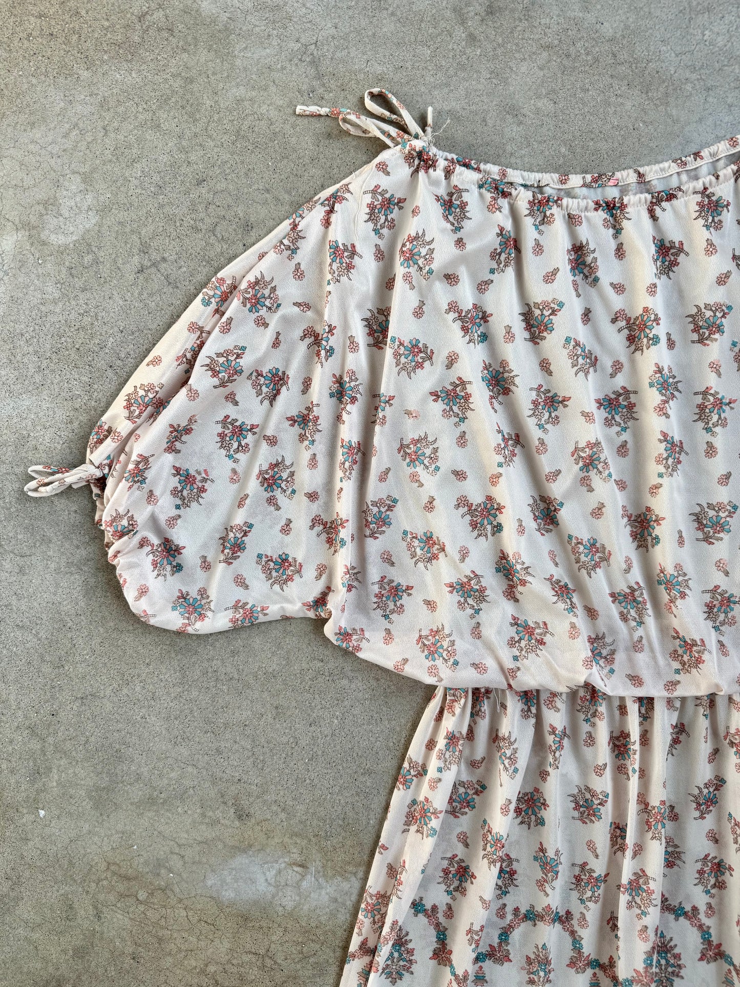 Vintage 1970s Cream Floral Print Puff Sleeve Sheer Midi Dress | Medium