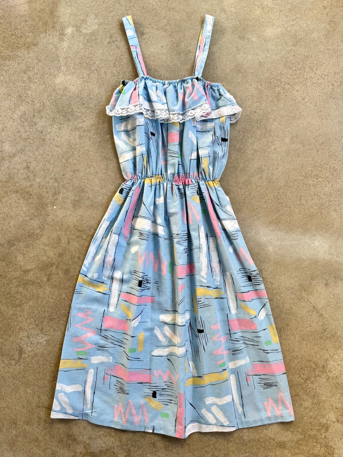 Vintage 1980s Pastel Printed Cinch-Waist Ruffled Midi Dress | Medium