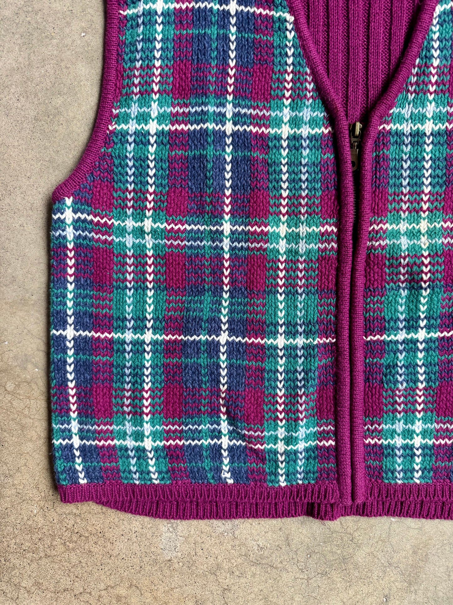 Vintage 1980s Jantzen Plaid Knit Zip-Up Sweater Vest | XL