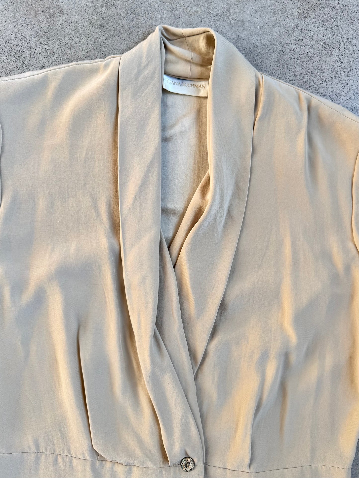 Vintage 1980s/90s Dana Buchman Beige Silk Draped V-Neck Blouse | Medium