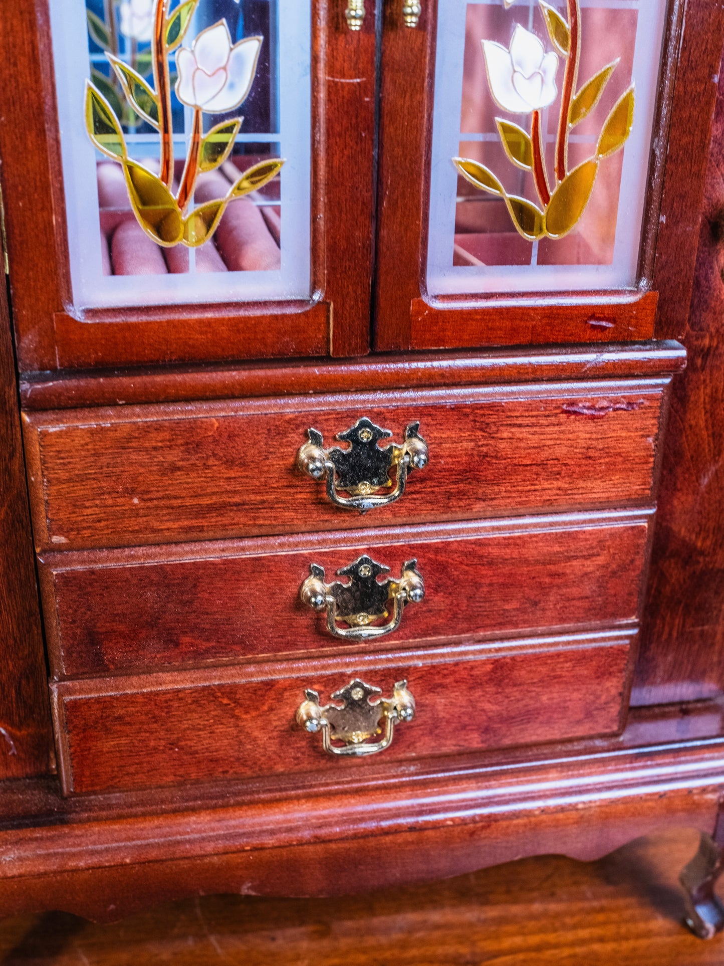 Vintage Floral Glass Door Wooden Jewelry Armoire