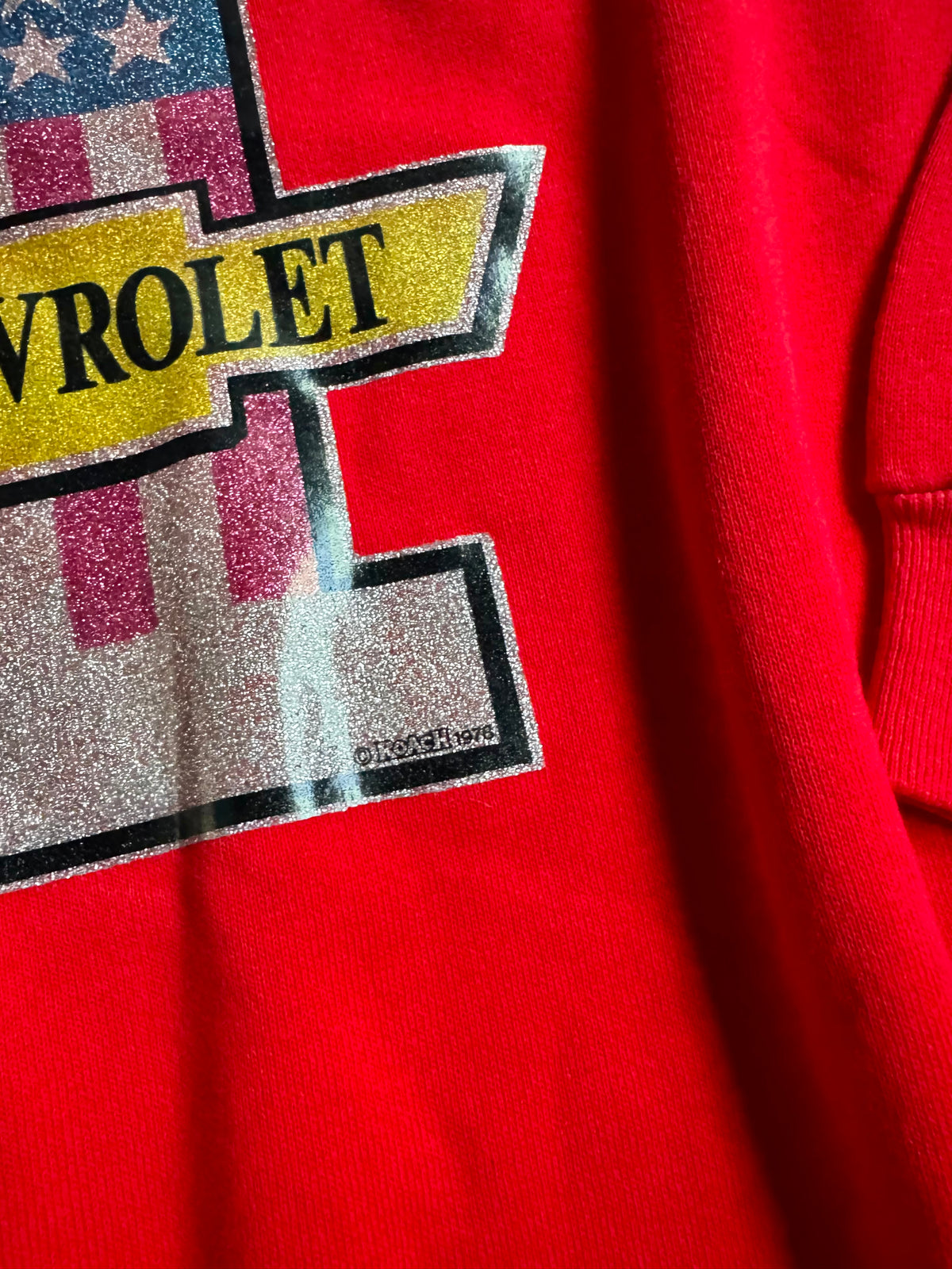 Vintage 1978 Chevrolet Glitter Graphic Red Raglan Sweatshirt | XL