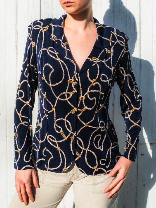Vintage 1980s Navy Blue Nautical Rope Print Slinky Blouse | Medium