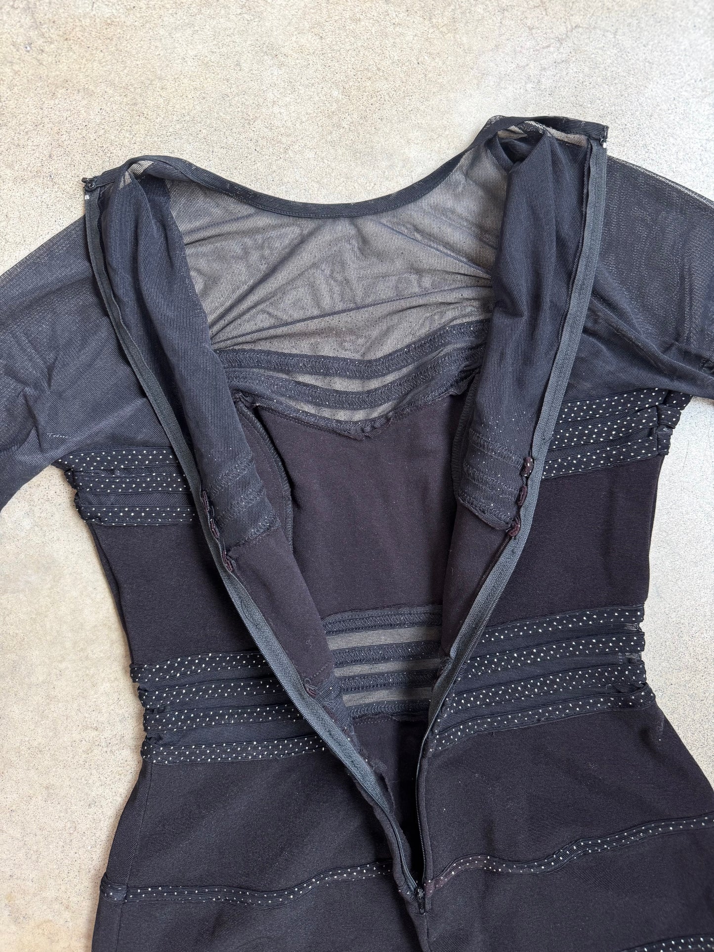 Vintage 1990s Tadashi Black Mesh Long Sleeve Bodycon Dress | Medium