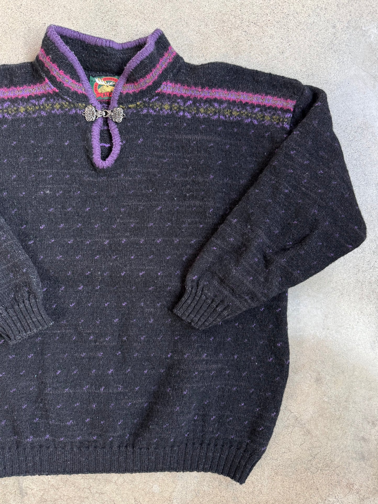 Vintage 1980s Alps Nordic-Style Black & Purple Speckled Wool Sweater | Large