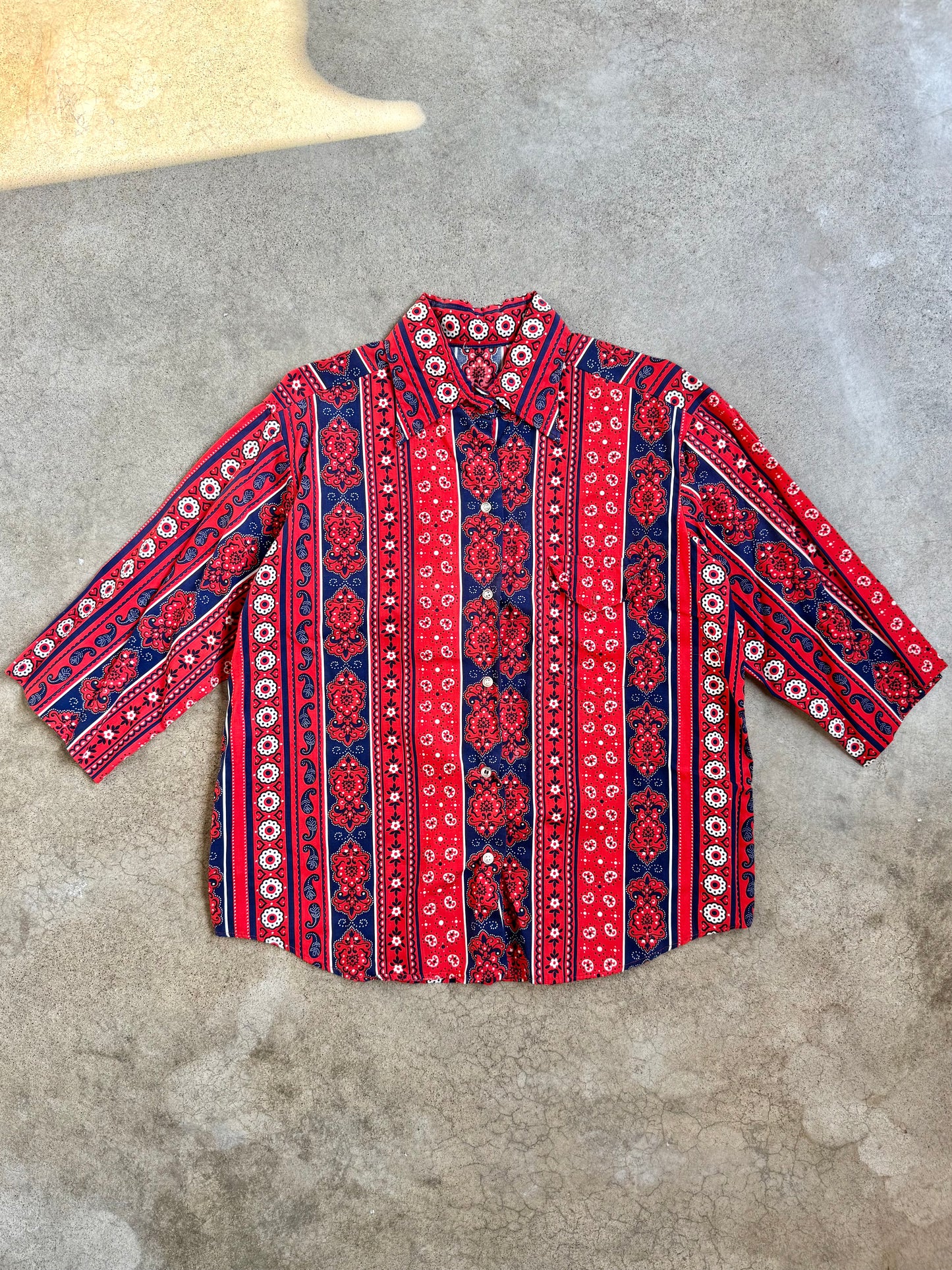 Vintage Red & Blue Striped Paisley Bandana Print Button-Up Shirt | XL