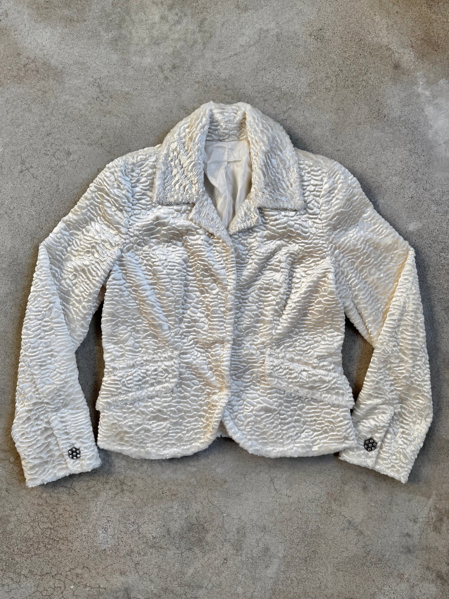 Vintage White Faux Fur Rhinestone Button Jacket | Small
