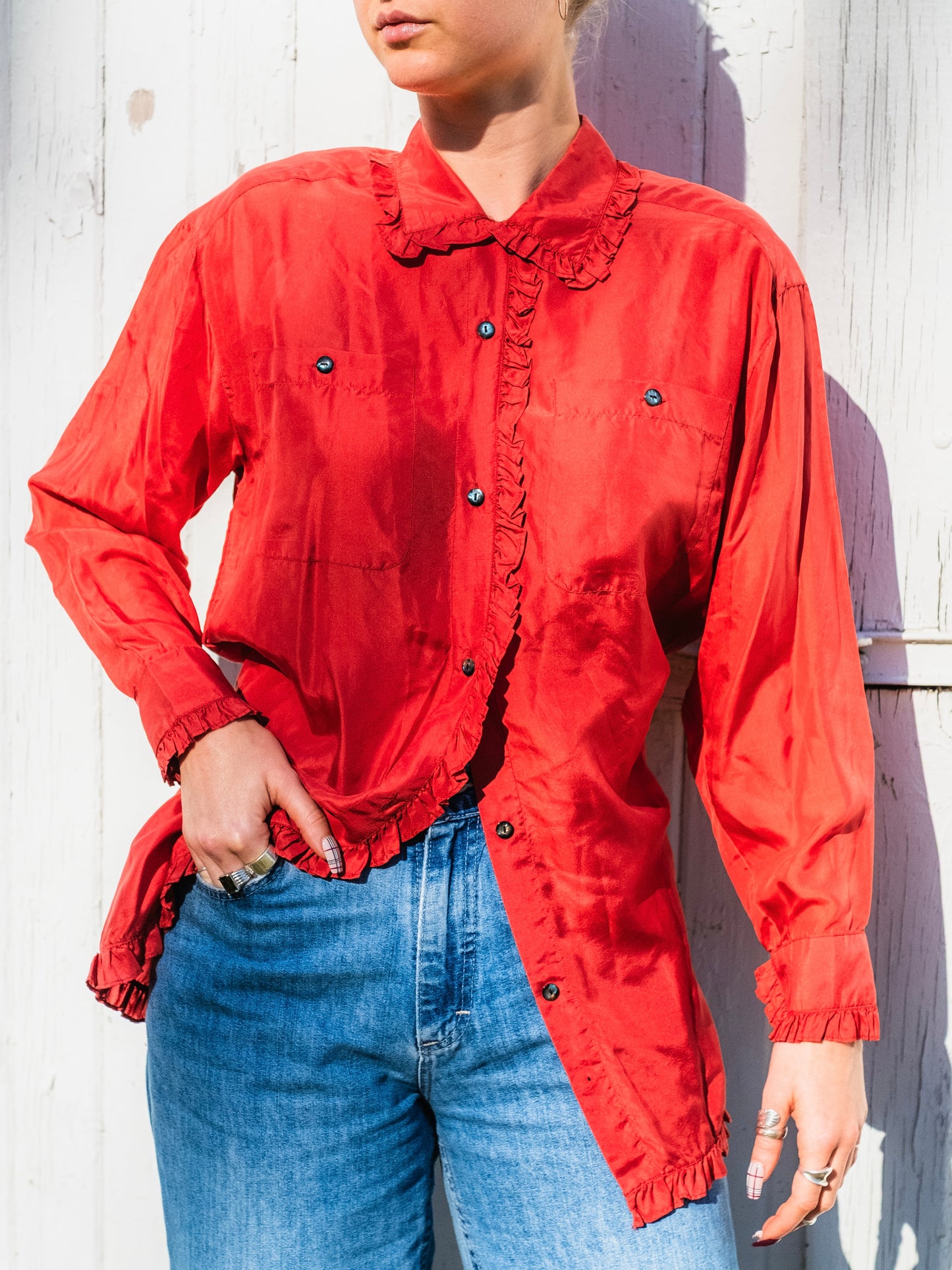 Vintage 1980s Robert Stock Limited Red Silk Frilled Trim Blouse | Large