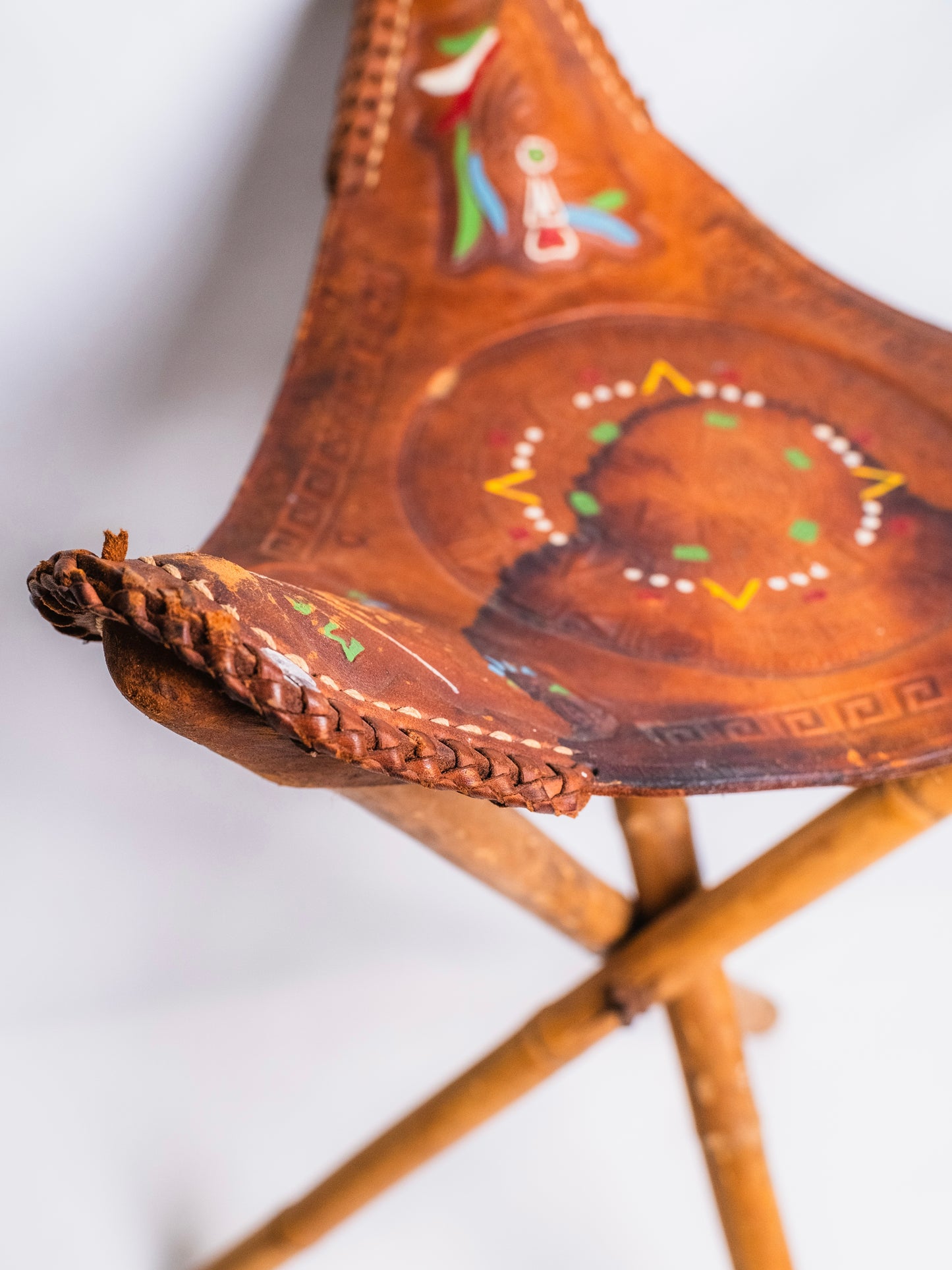 Vintage 1970s Mexican Tooled Leather Folding Camp Stool