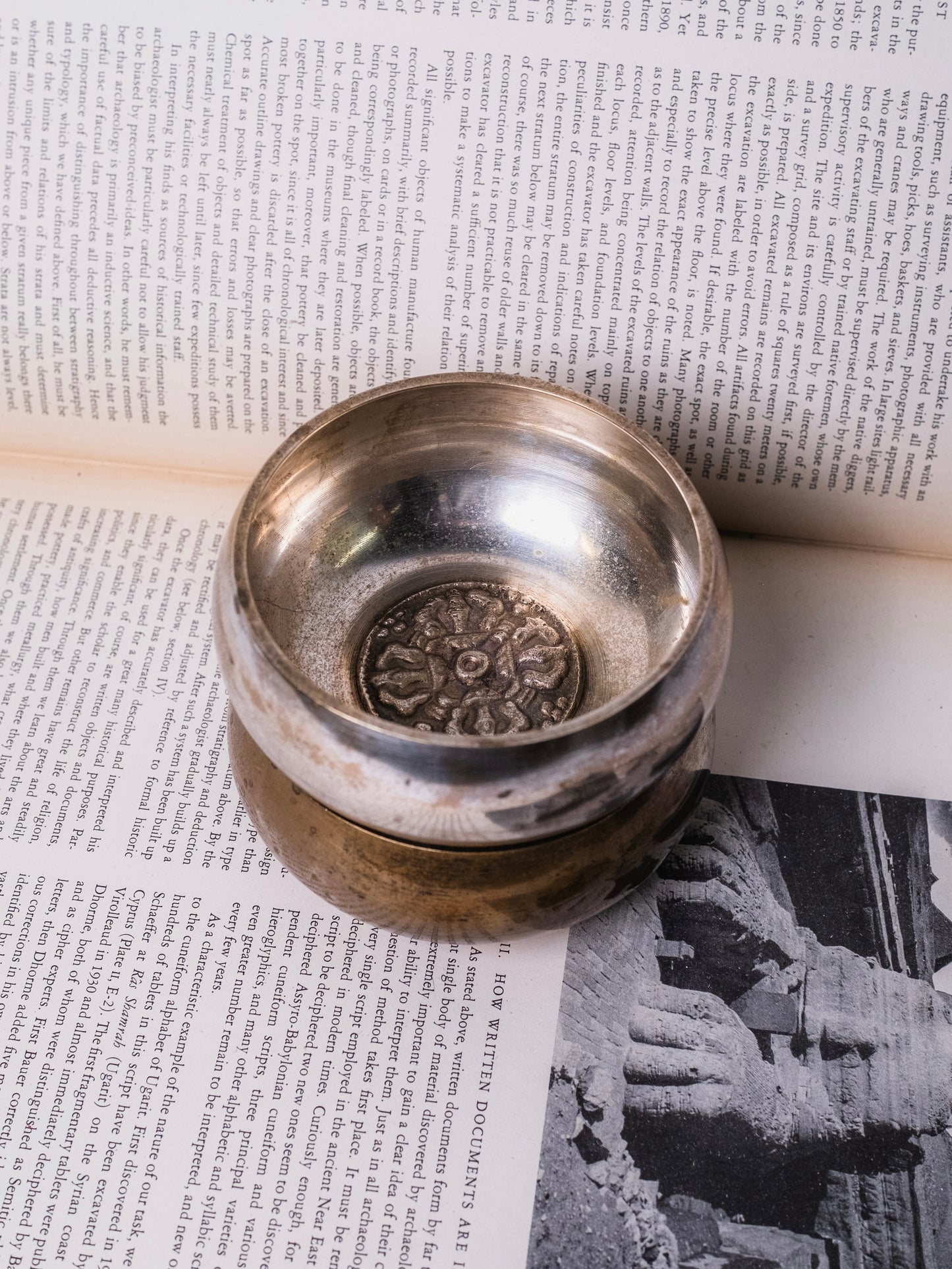 Vintage 1950s Tibetan Metal Inlay Singing Bowls | Set of 2