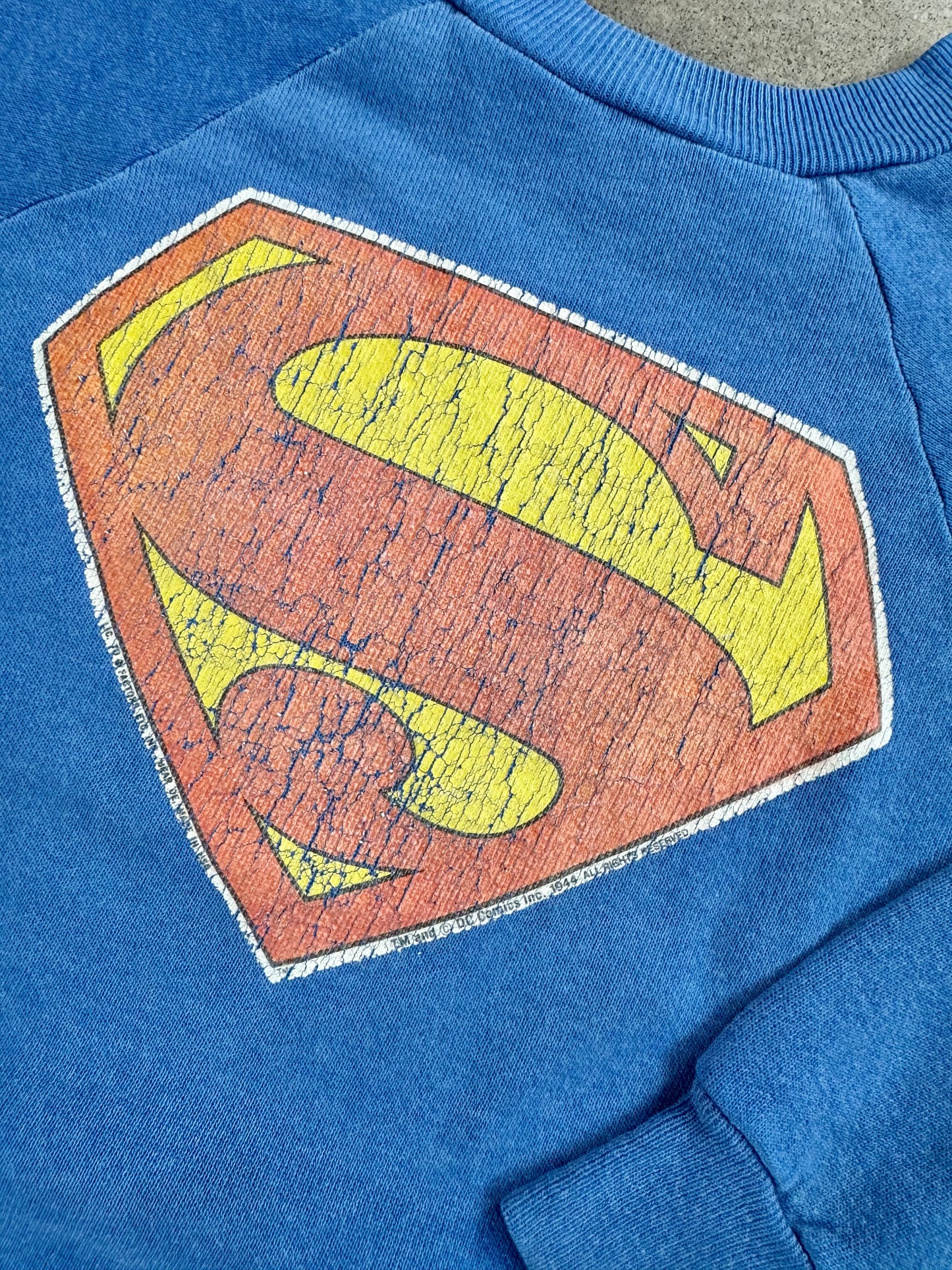 Vintage 1980s Blue Superman Graphic Raglan Sweatshirt | Youth L