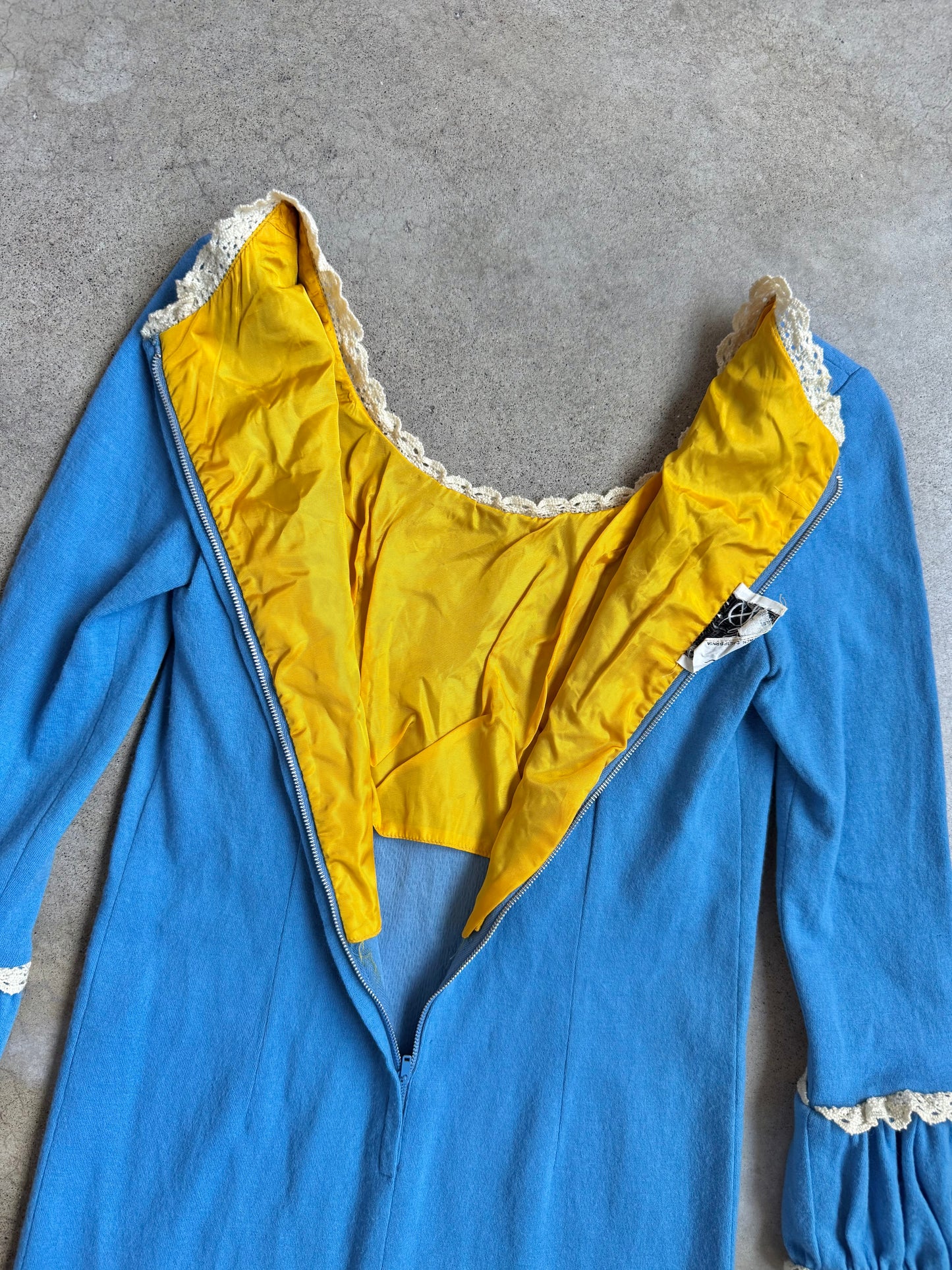 Vintage 1960s Denise Blue Wool & Crochet Trim Long Sleeve Dress | XS