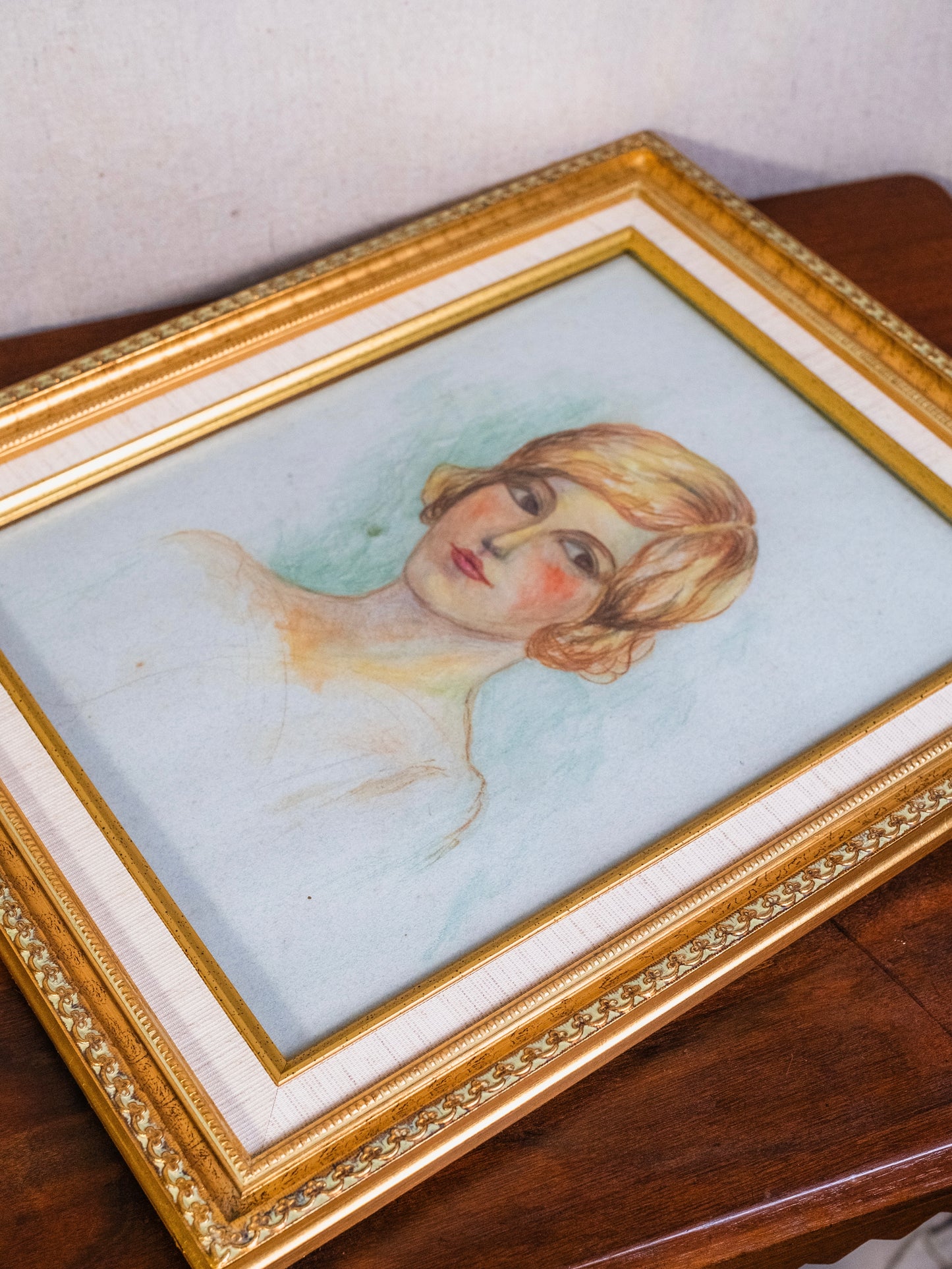 Vintage 1950s Framed "Golden Girl" Pencil Drawing Artwork