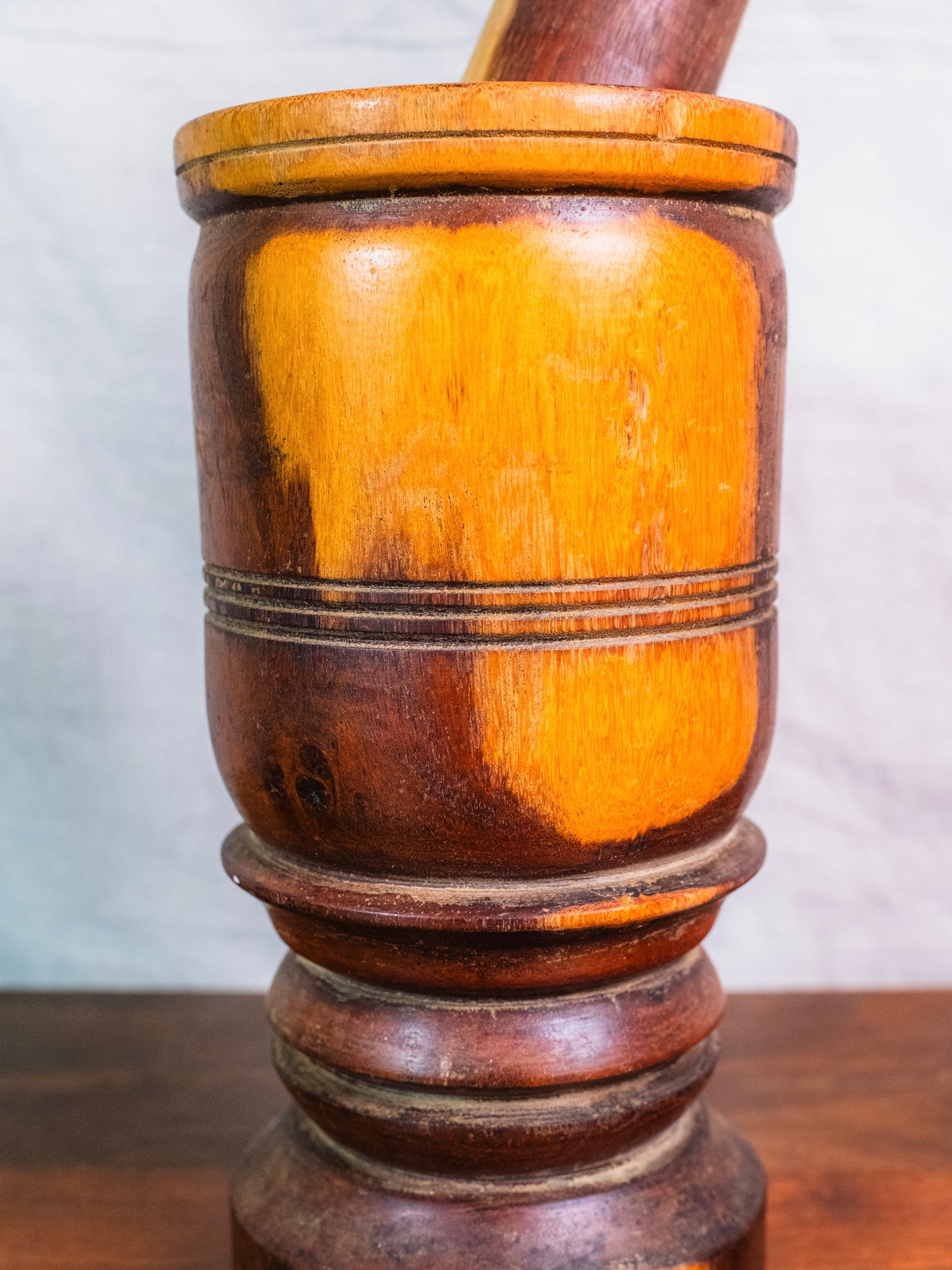 Vintage Hand-Turned Solid Wood Mortar & Pestle