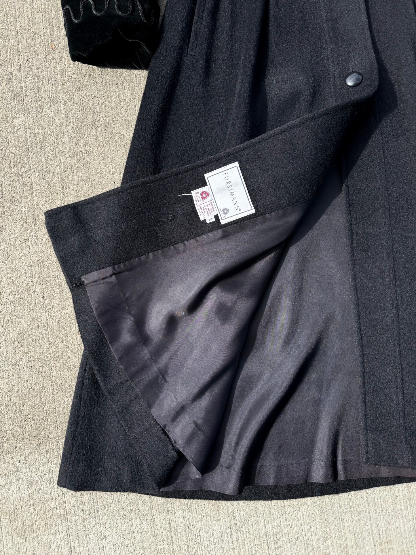 Vintage 1980s Forstmann Black Wool Edwardian-Style Overcoat | Medium