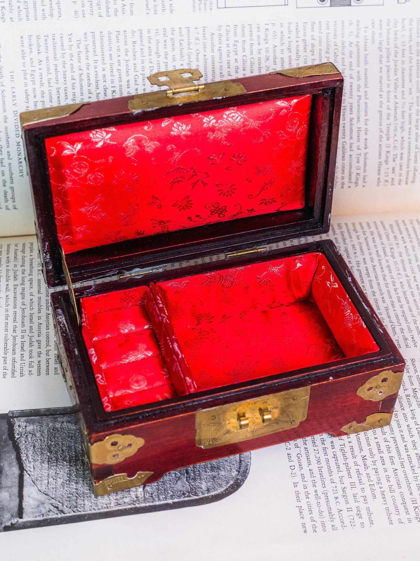 Vintage Wooden Chinese Brass Hinged Jewelry Box
