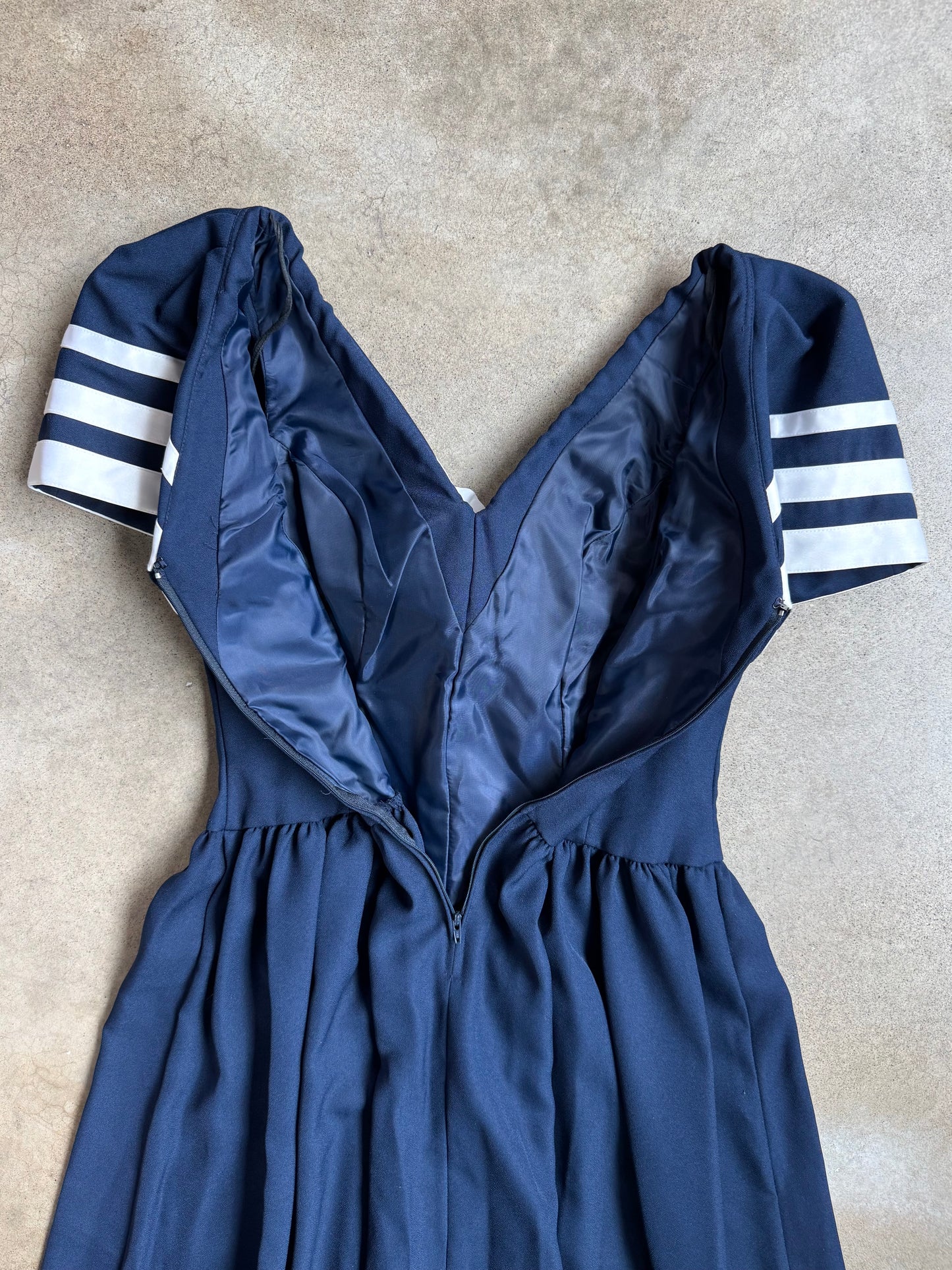 Vintage 1980s Navy Blue Tea-Length Sailor Dress | Medium