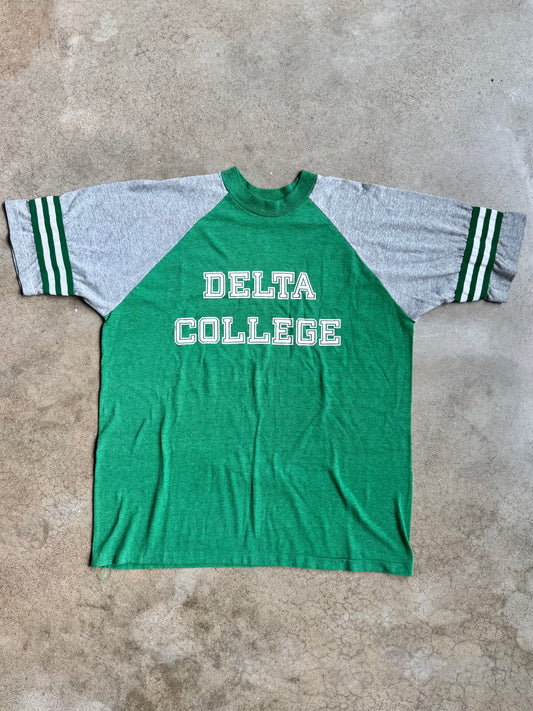 Vintage 1980s Green Delta College Raglan Tee | XL