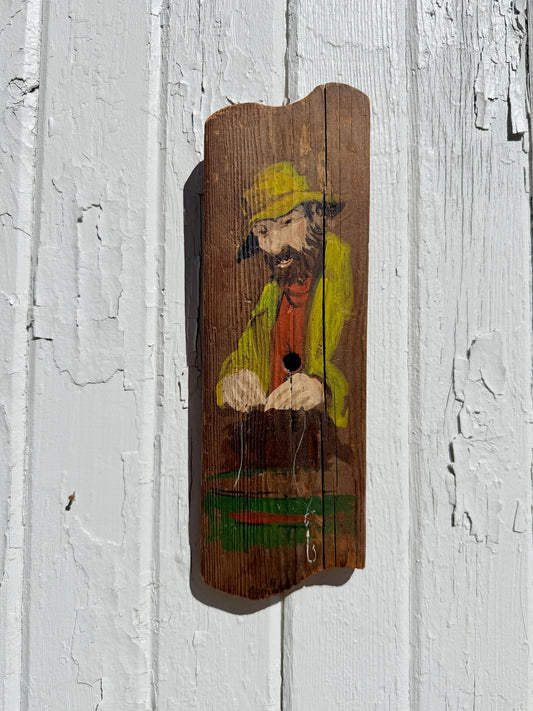 Vintage 1960s Down East Novelties Wood Slab "Fisherman" Oil Painting