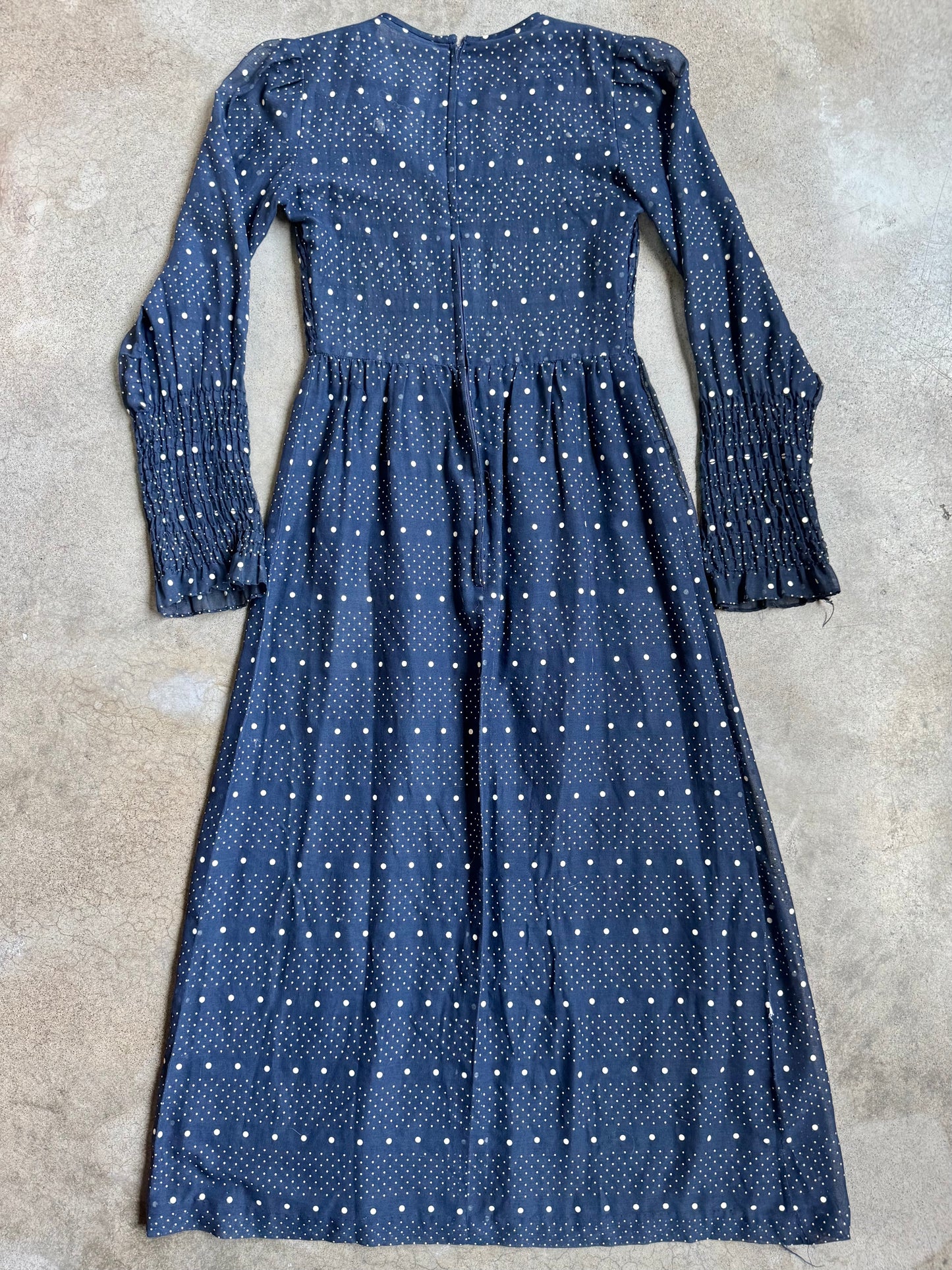 Vintage 1960s Bonwit Teller Navy Polka Dot Smocked Long Sleeve Maxi Dress | S/M