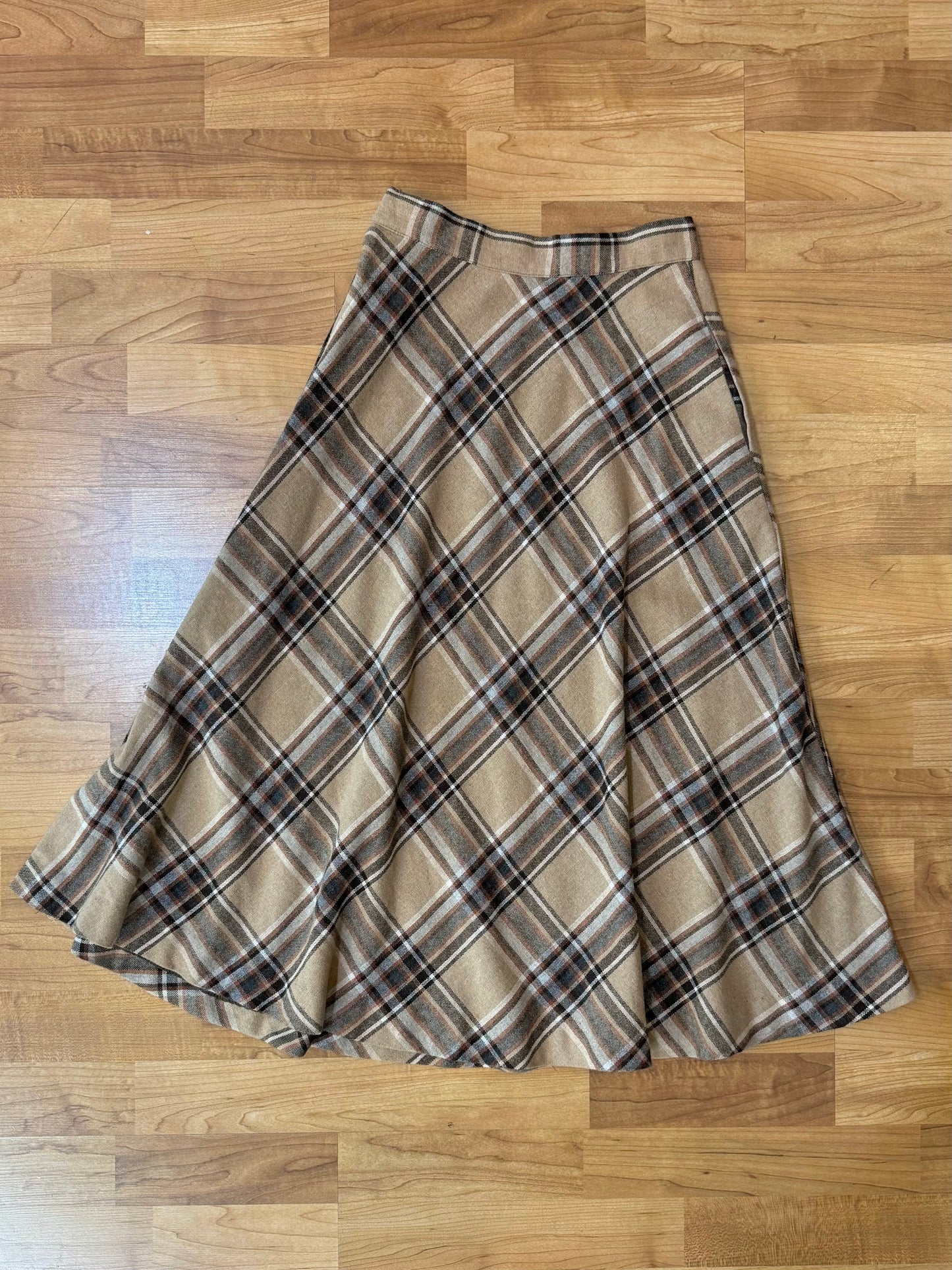 Vintage Brown Plaid A-Line Wool Skirt | XS