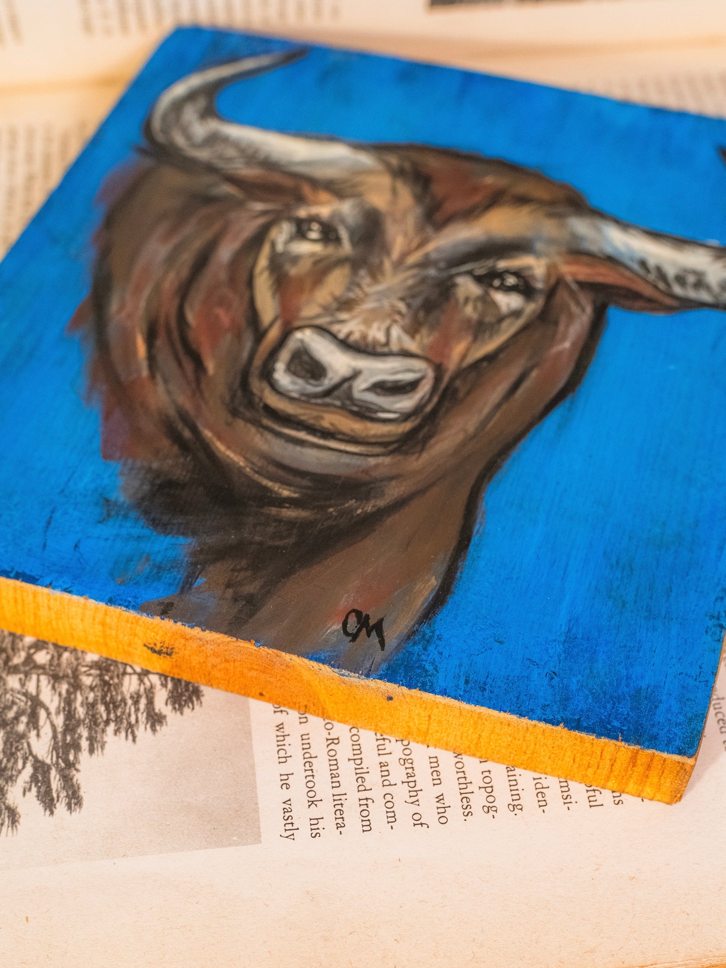 Vintage Hand-Painted Bull Oil on Wood Artwork
